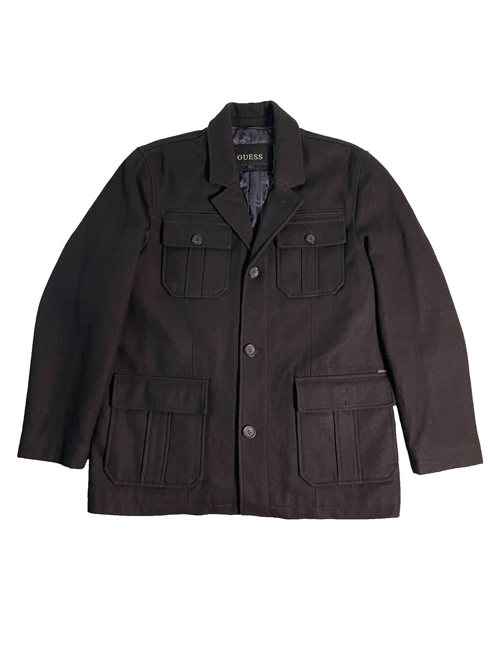 Guess Field Jacket Mens XL Black Wool Blend Quilted Lined Utility Coat Military